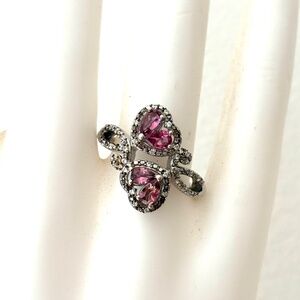 ring amethyst 2 hearts silver plated brass India stamped STS 925 pave Love